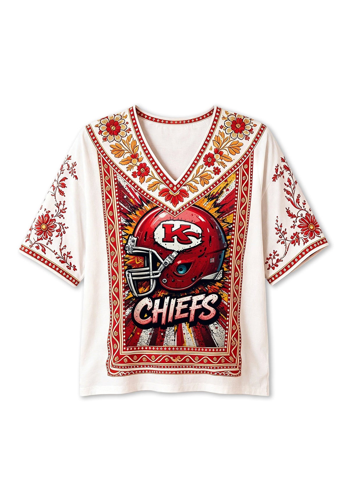 Kansas City Chiefs Comic Explosion Helmet Boho Floral V-Neck Blouse