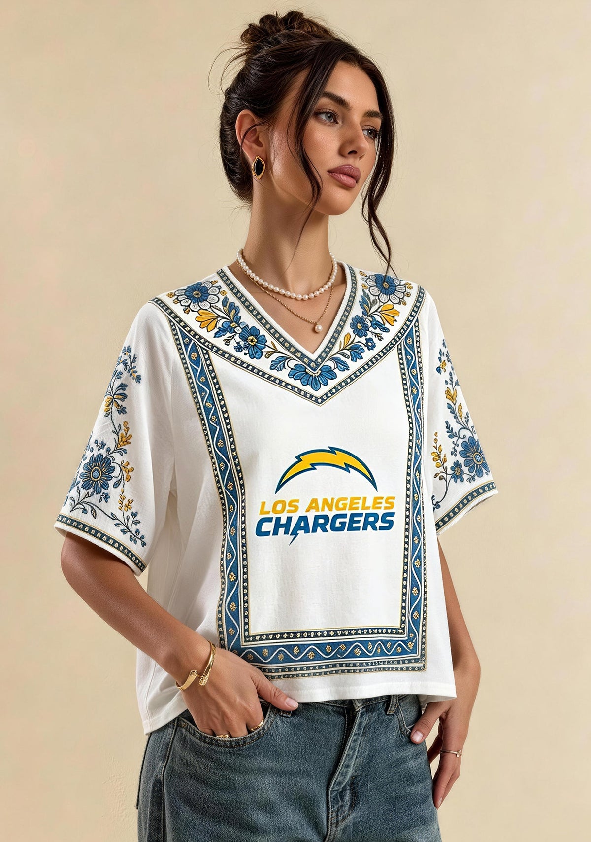 Los Angeles Chargers Fan Boho Floral V-Neck Blouse