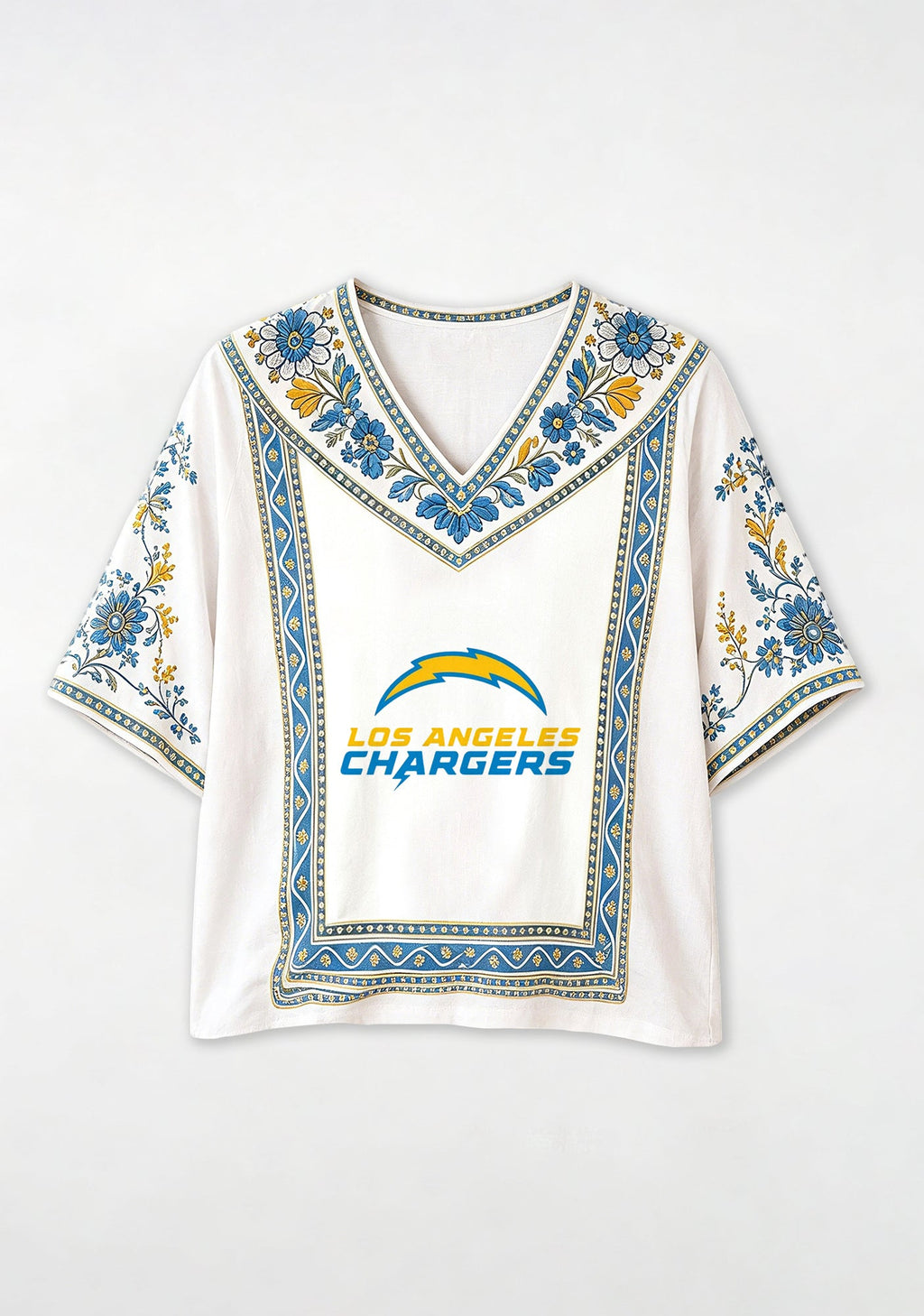 Los Angeles Chargers Fan Boho Floral V-Neck Blouse