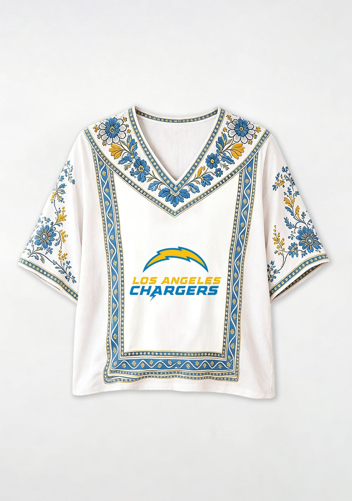Los Angeles Chargers Fan Boho Floral V-Neck Blouse