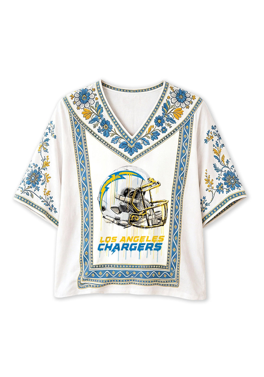 Boho Floral Drip Art Los Angeles Chargers V-Neck Blouse
