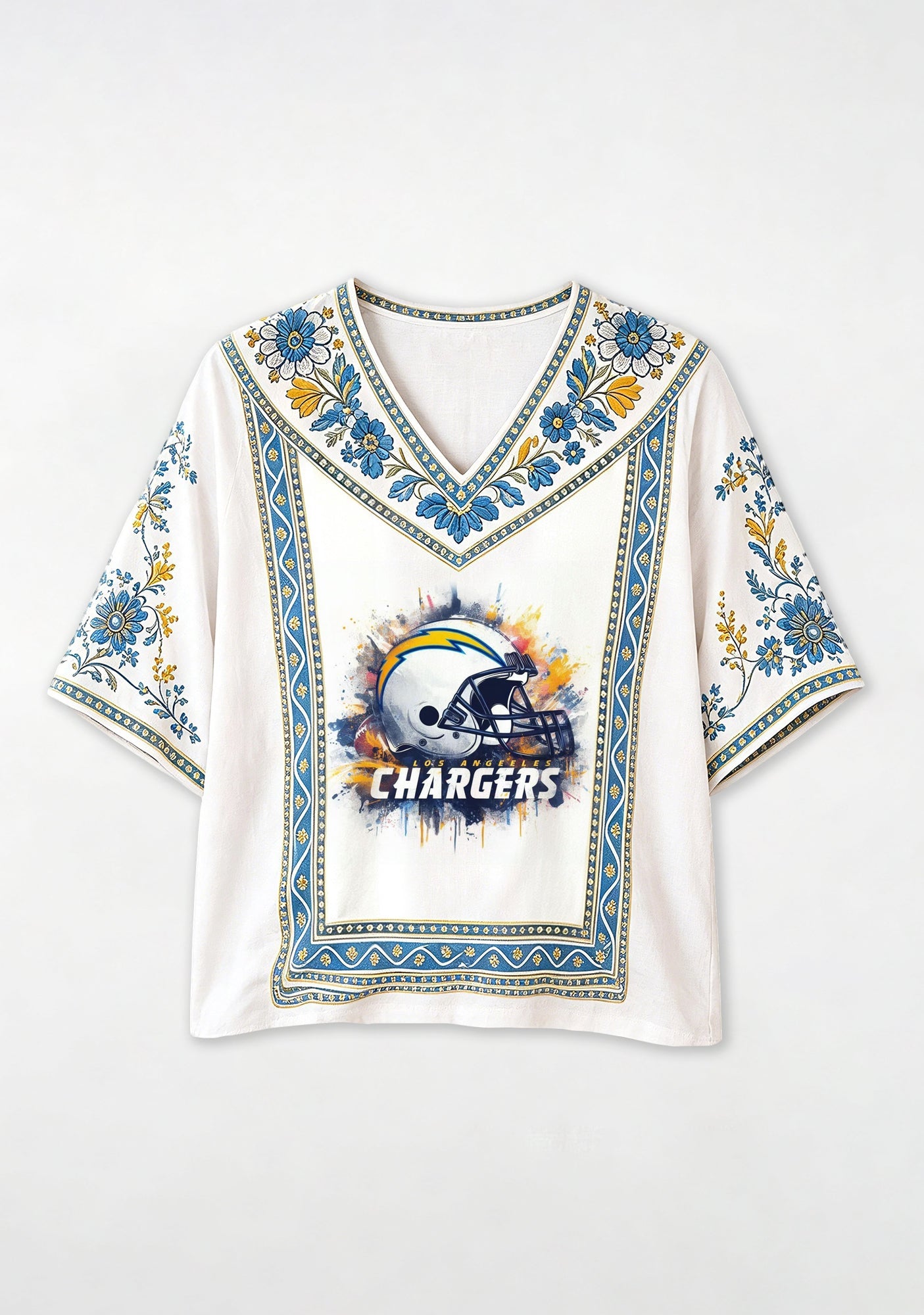 Boho Floral Los Angeles Chargers Game Day V-Neck Blouse Secondary image