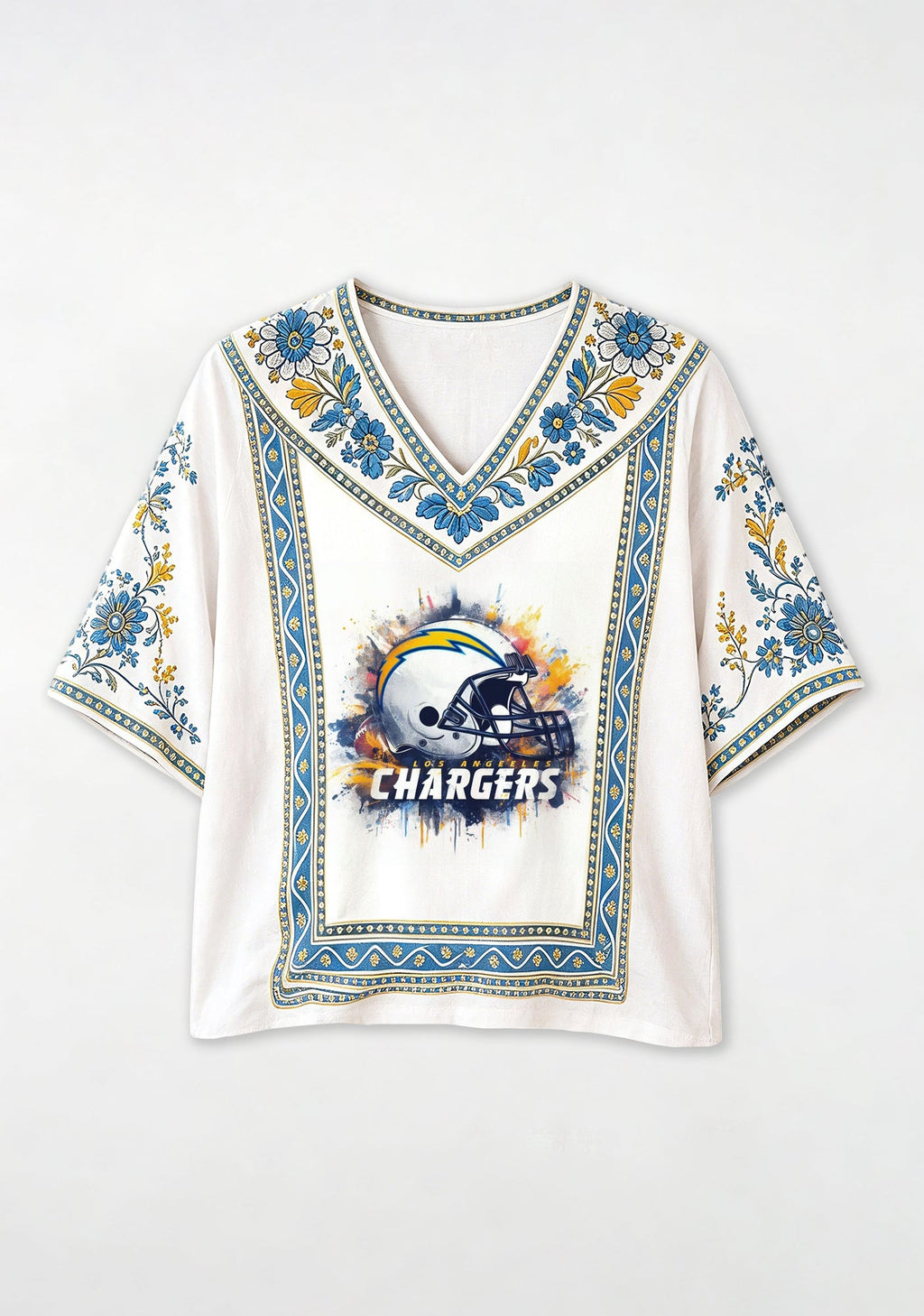 Boho Floral Los Angeles Chargers Game Day V-Neck Blouse