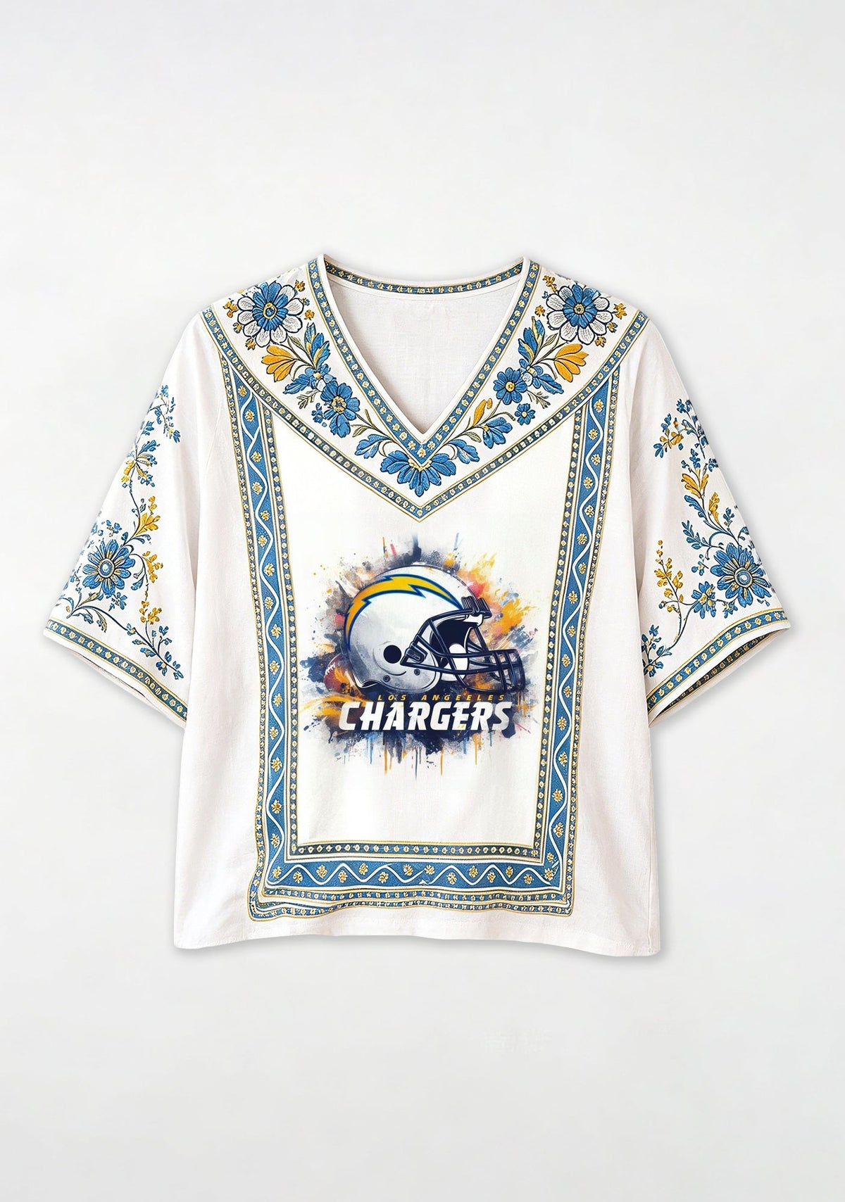 Boho Floral Los Angeles Chargers Game Day V-Neck Blouse
