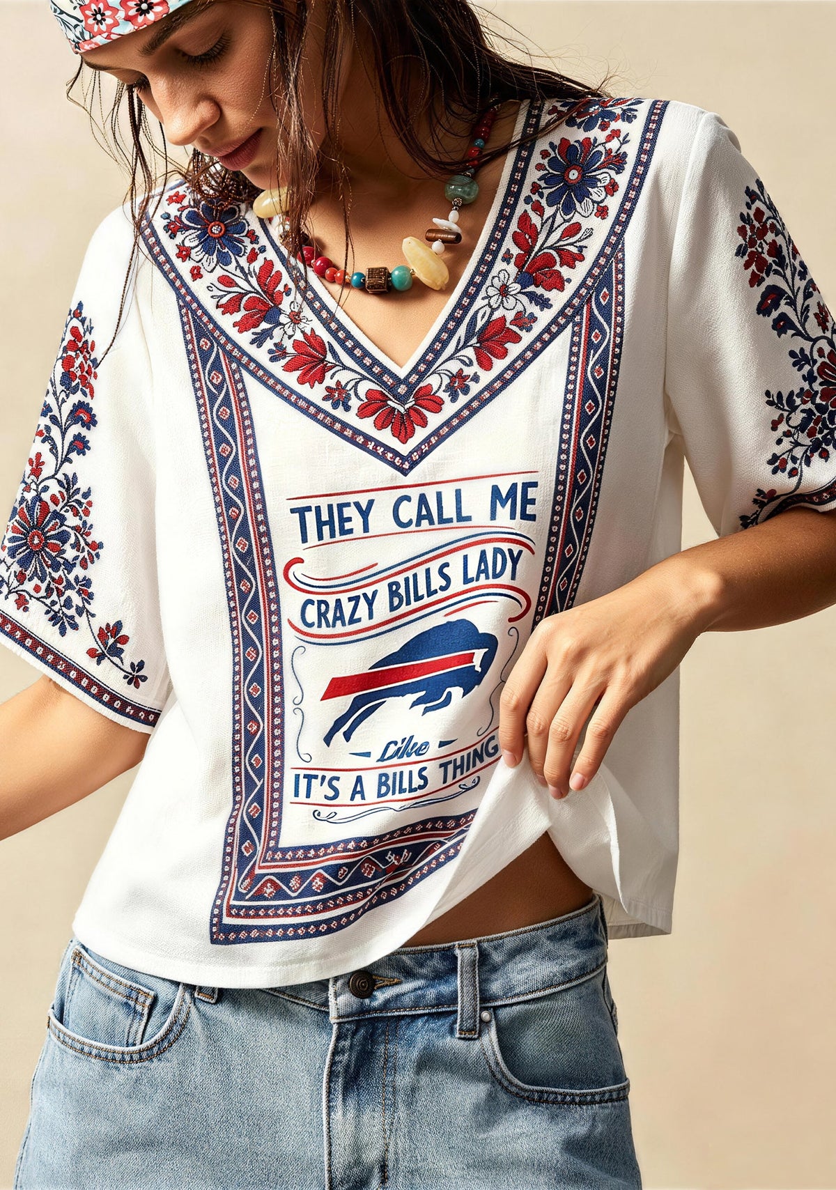 Boho Floral Buffalo Bills Crazy Bills Lady V-Neck Blouse
