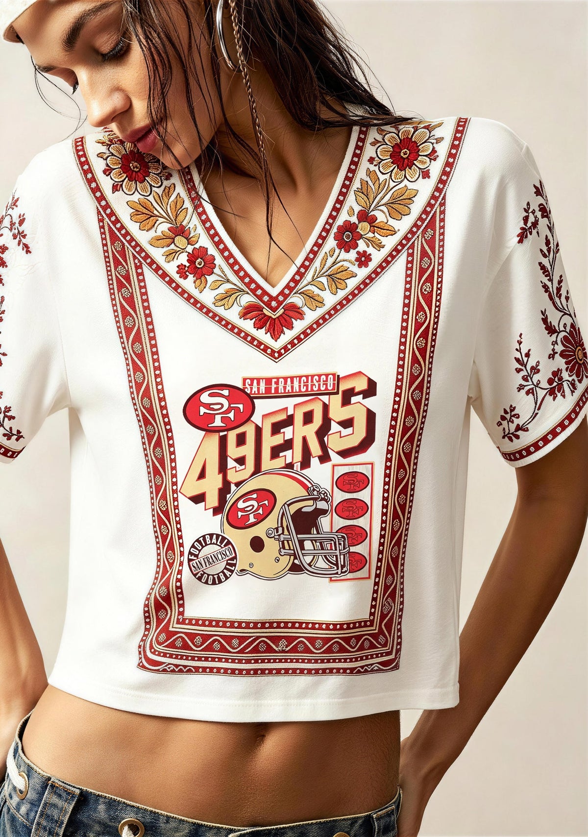 Boho Floral San Francisco 49ers Style Fan V-Neck Blouse Main image