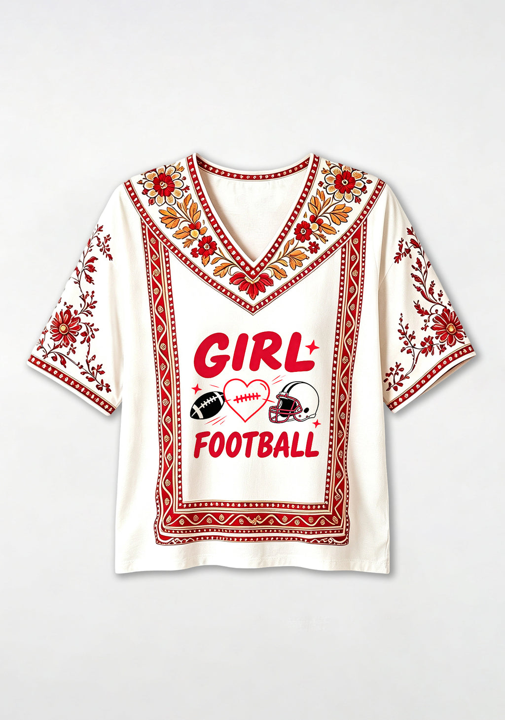 Girl Loves Football Boho Floral Border Game‑Day V-Neck Blouse