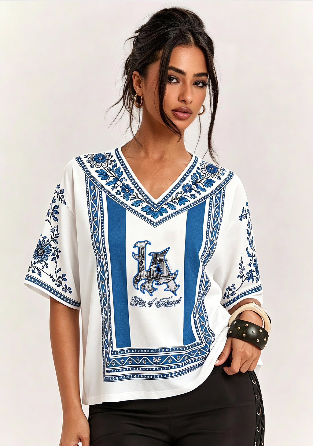 Los Angeles City Of Angels LA Skyline Floral V-Neck Blouse