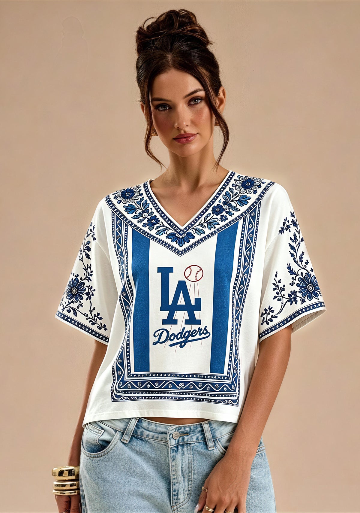 LA Dodgers Baseball Accent Floral Trim V-Neck Blouse
