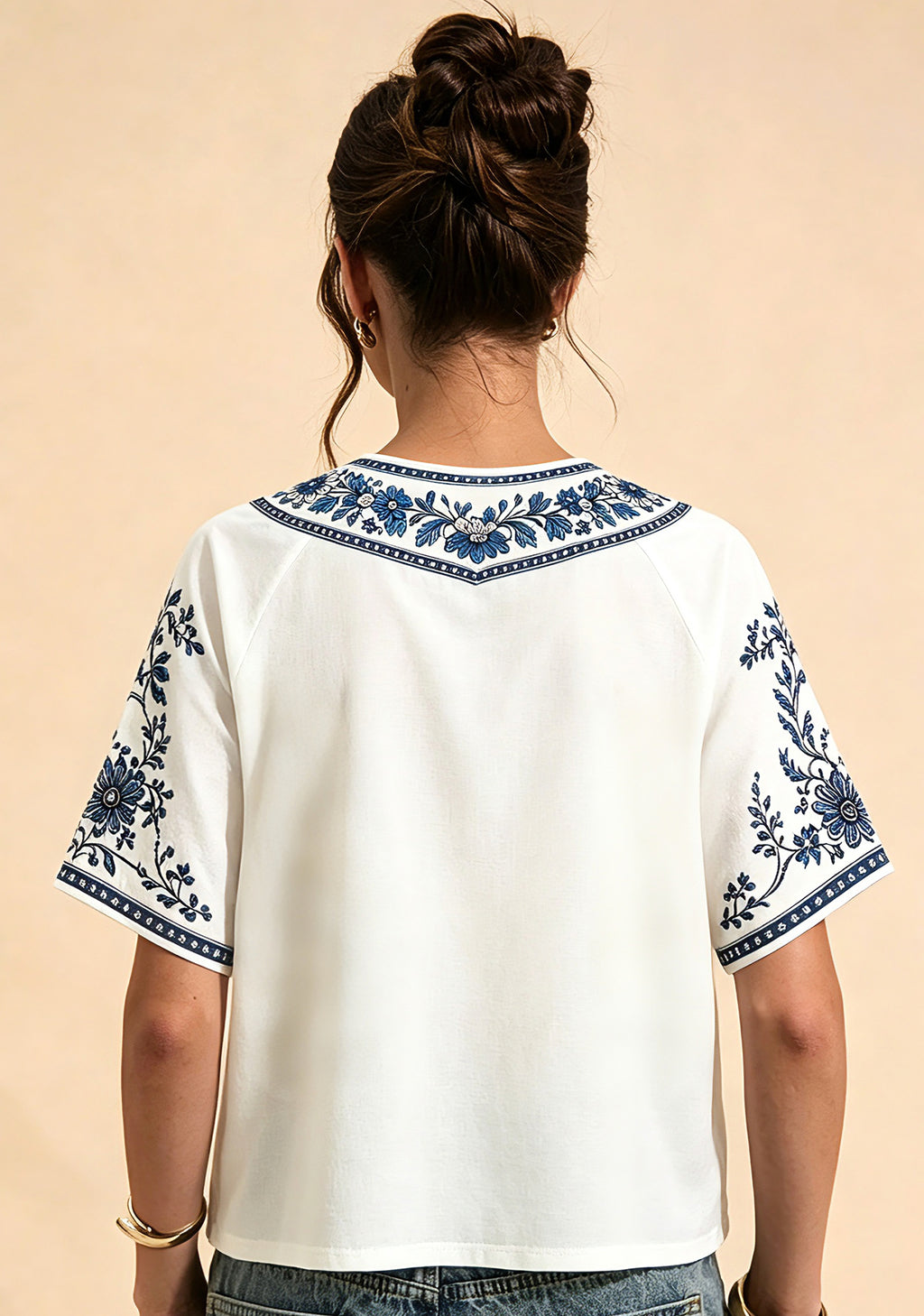 LA Dodgers Baseball Accent Floral Trim V-Neck Blouse