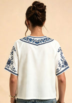 LA Dodgers Baseball Accent Floral Trim V-Neck Blouse