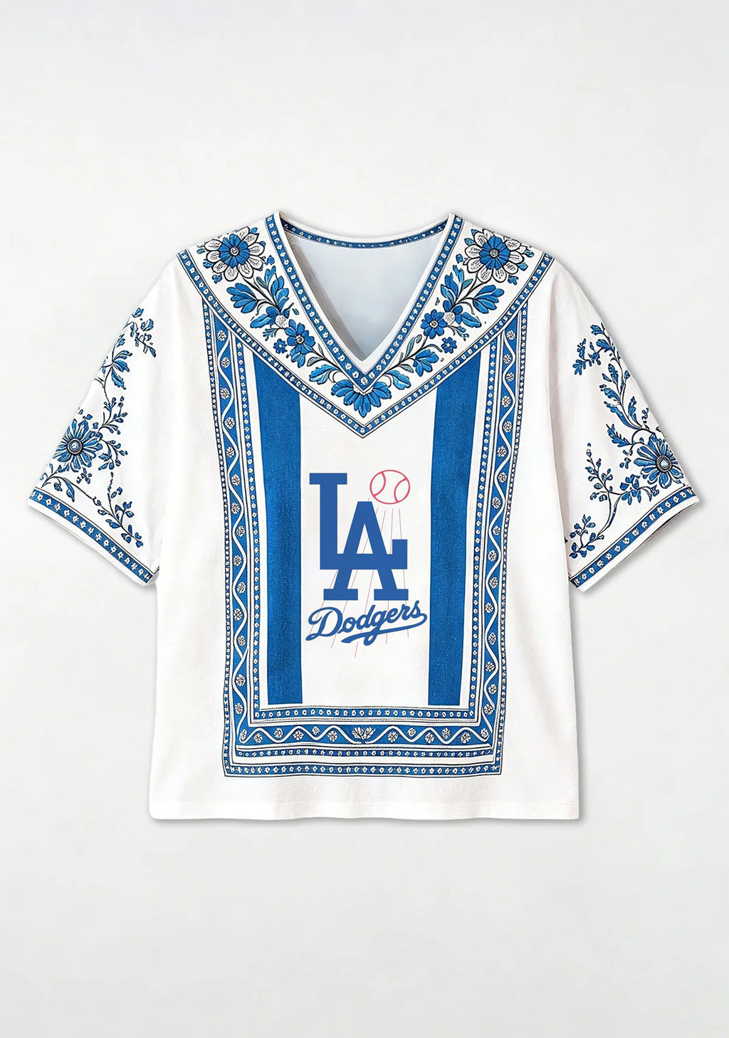 LA Dodgers Baseball Accent Floral Trim V-Neck Blouse