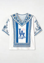LA Dodgers Baseball Accent Floral Trim V-Neck Blouse