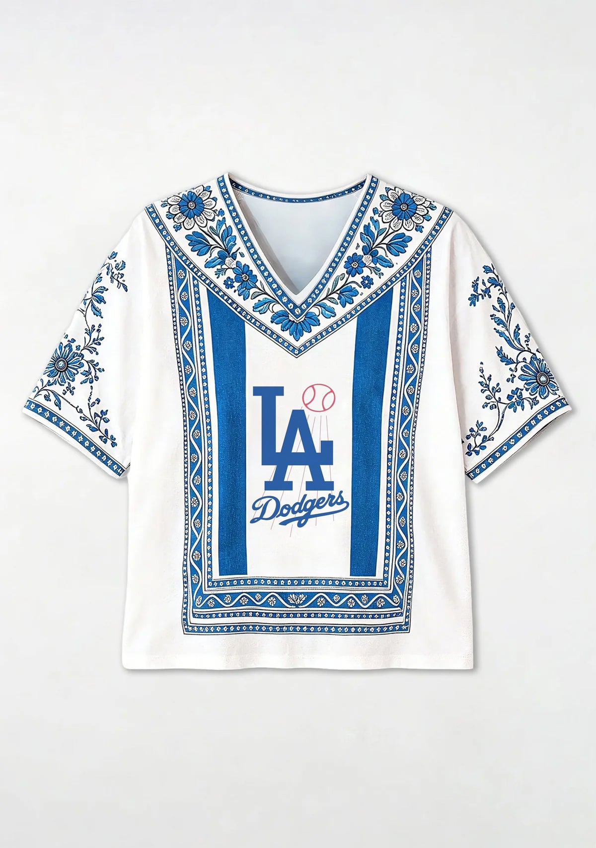LA Dodgers Baseball Accent Floral Trim V-Neck Blouse