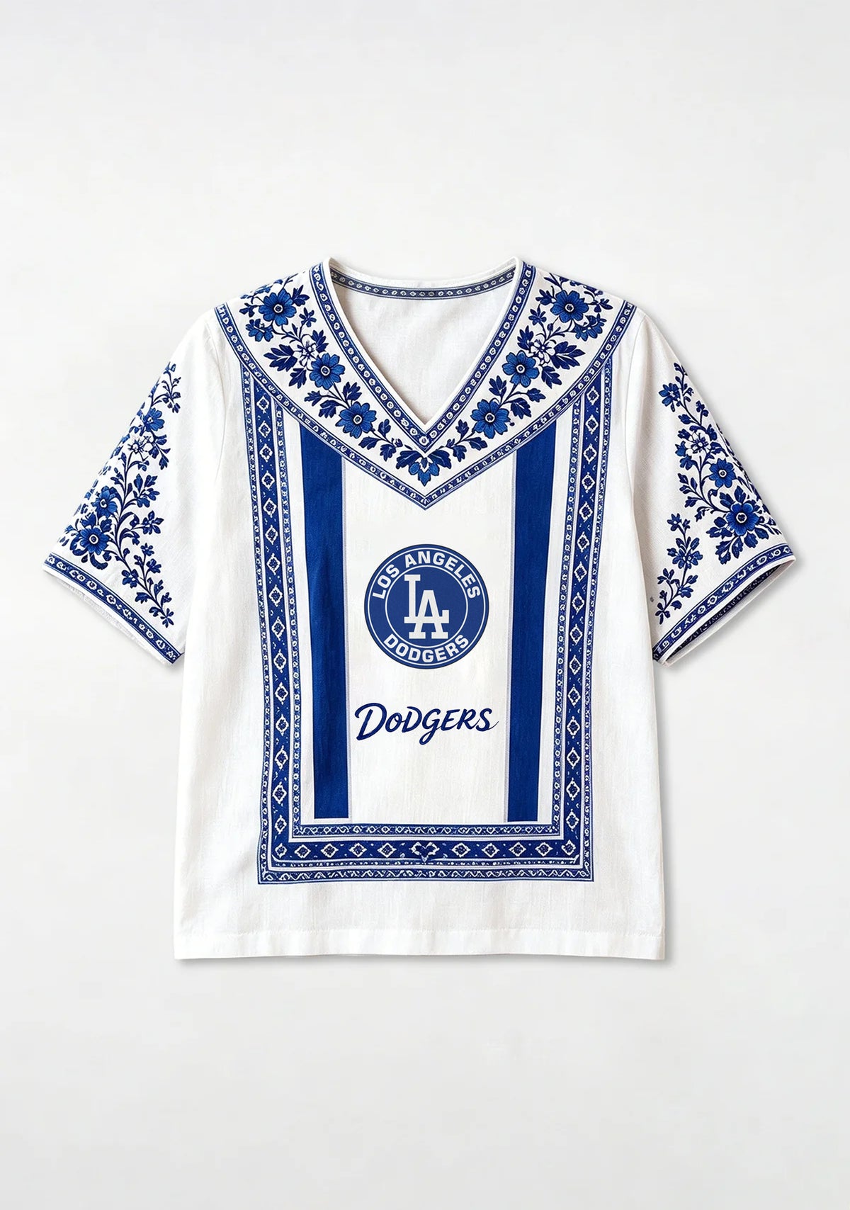 Los Angeles Dodgers Mexican Floral Border V-Neck Blouse