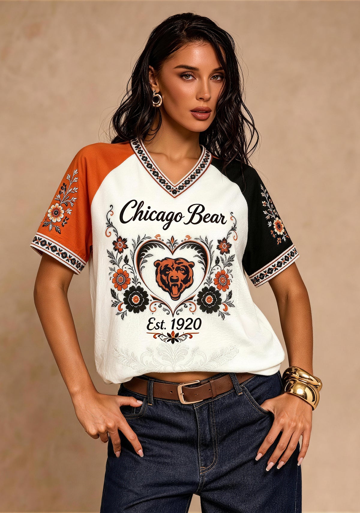Chicago Bears Boho Floral Heart V-Neck T Shirt