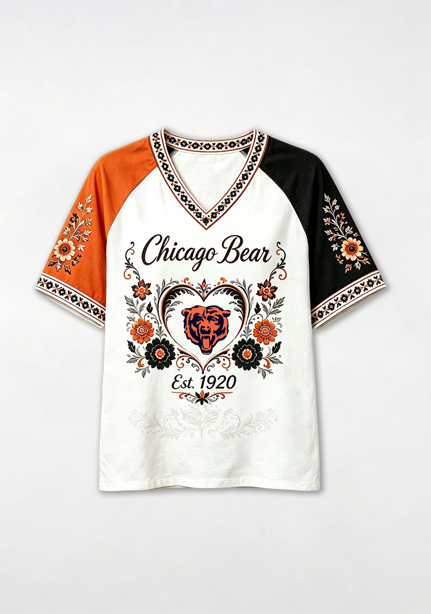 Chicago Bears Boho Floral Heart V-Neck T Shirt Secondary image