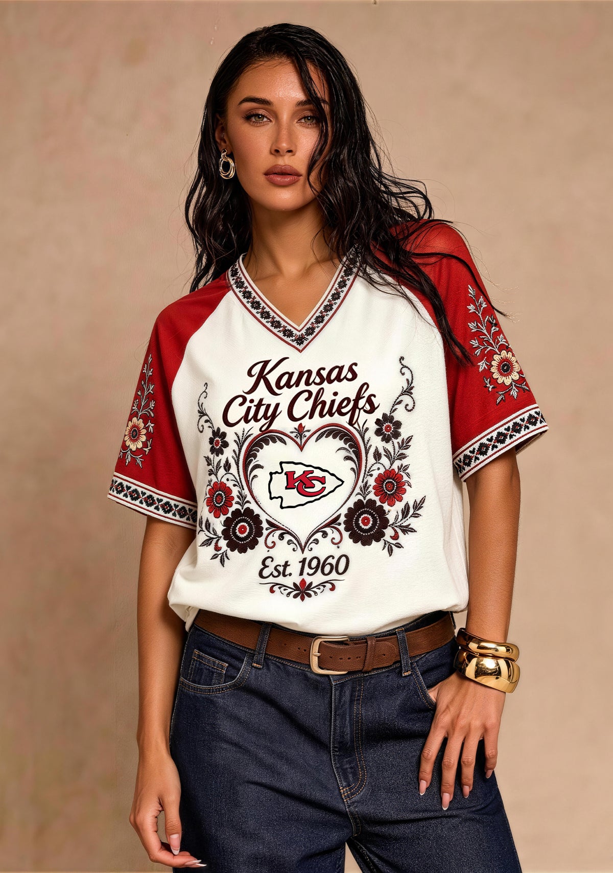 Kansas City Chiefs Boho Floral Heart Raglan V-Neck T Shirt Main image