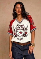 Kansas City Chiefs Boho Floral Heart Raglan V-Neck T Shirt