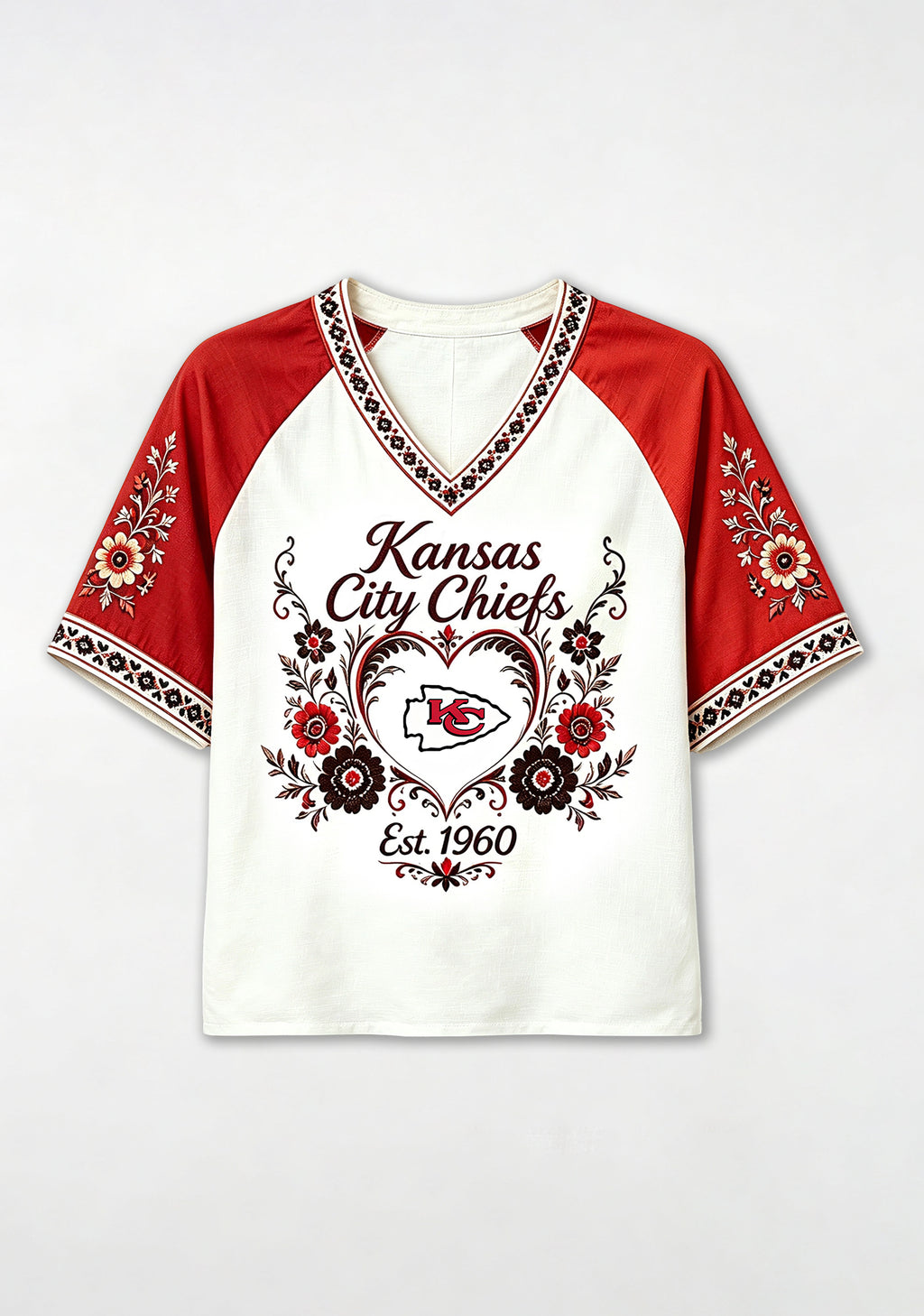 Kansas City Chiefs Boho Floral Heart Raglan V-Neck T Shirt