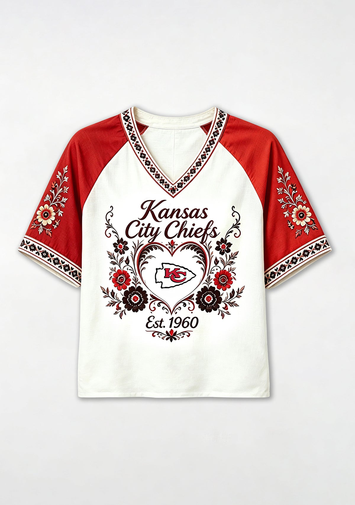 Kansas City Chiefs Boho Floral Heart Raglan V-Neck T Shirt