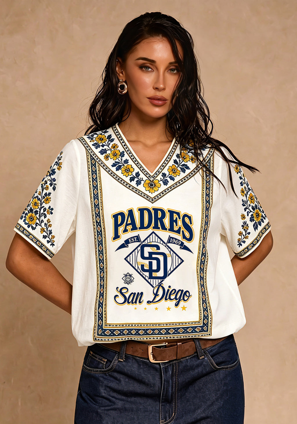 San Diego Padres Retro Logo Boho V-Neck Blouse