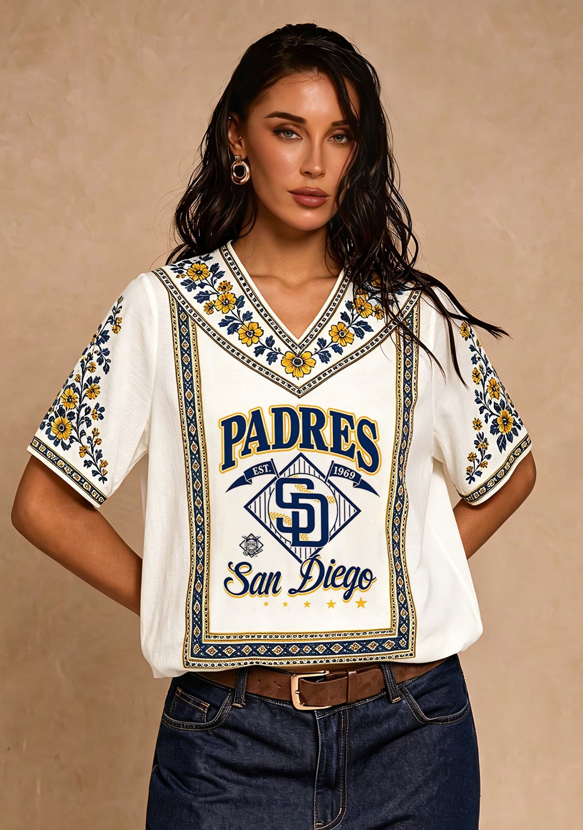 San Diego Padres Retro Logo Boho V-Neck Blouse