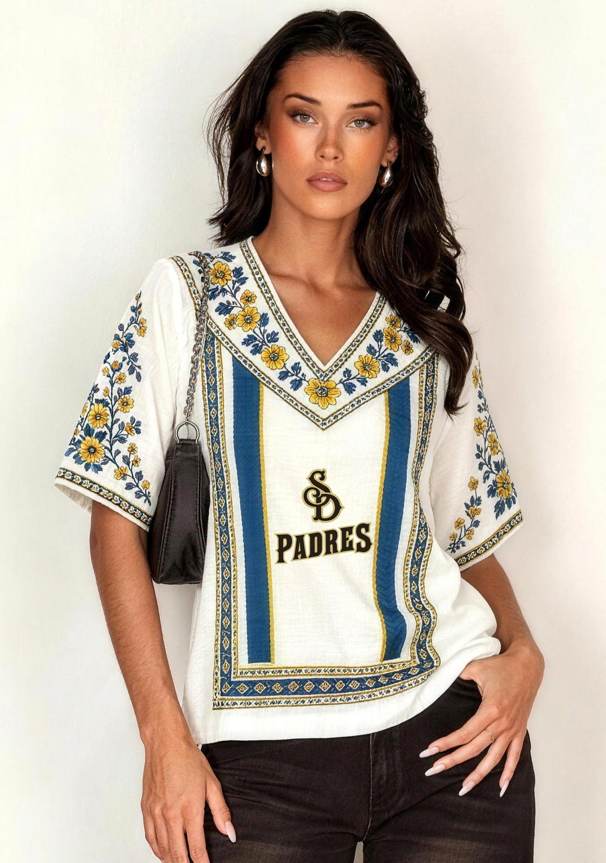 San Diego Padres SD Logo Folk Yellow V-Neck Blouse Main image