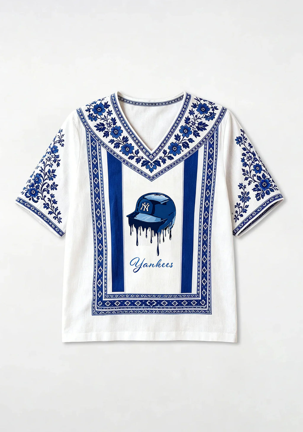 New York Yankees Drip‑Style Graphic V-Neck Blouse