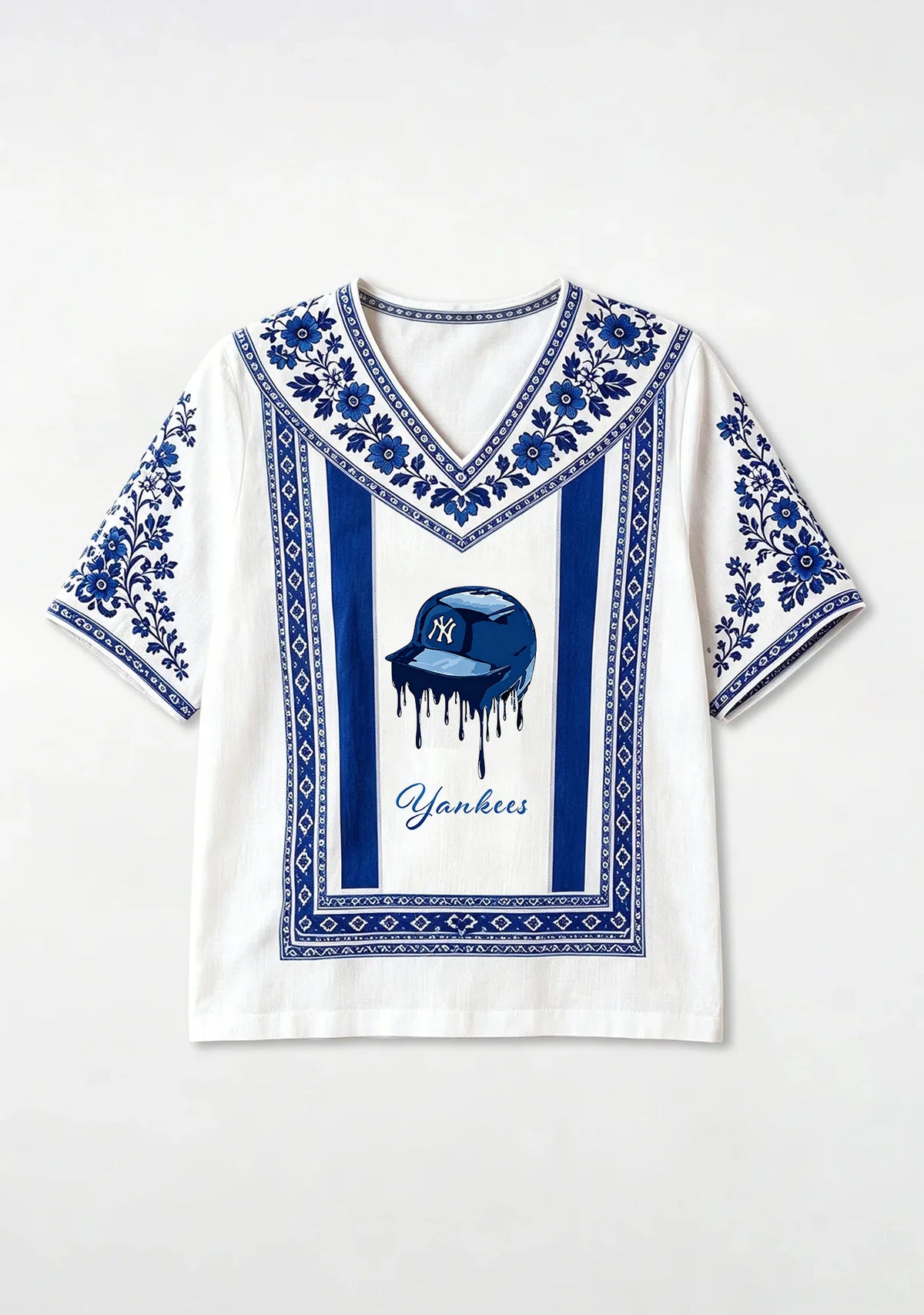 New York Yankees Drip‑Style Graphic V-Neck Blouse