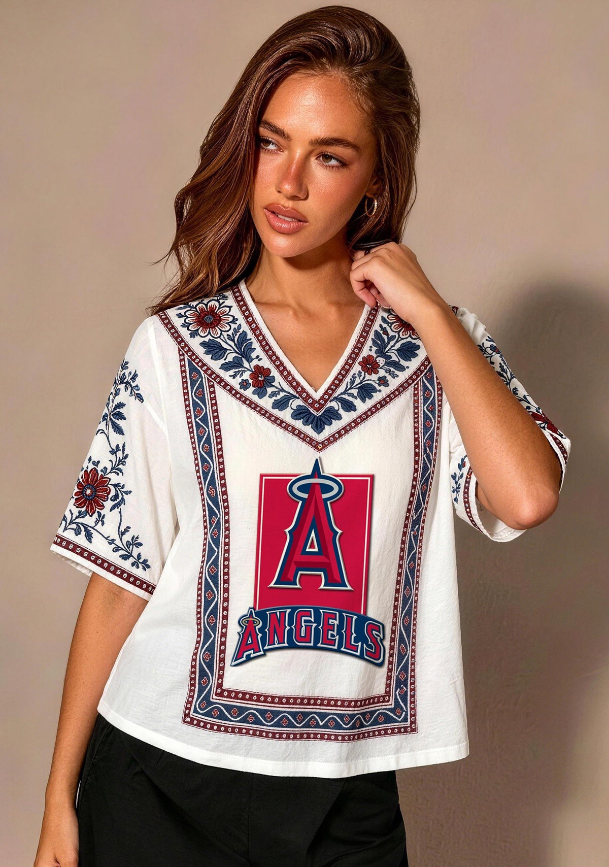 Los Angeles Angels Boho Floral V-Neck Blouse