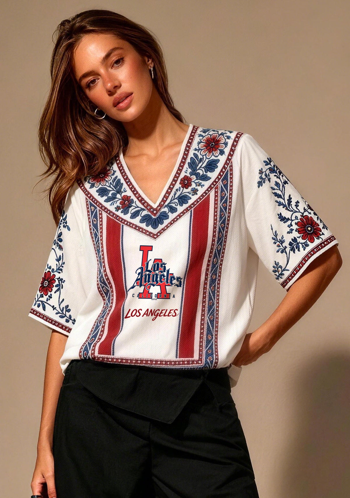 Los Angeles Dodgers LA Logo Boho Floral V-Neck Blouse Main image