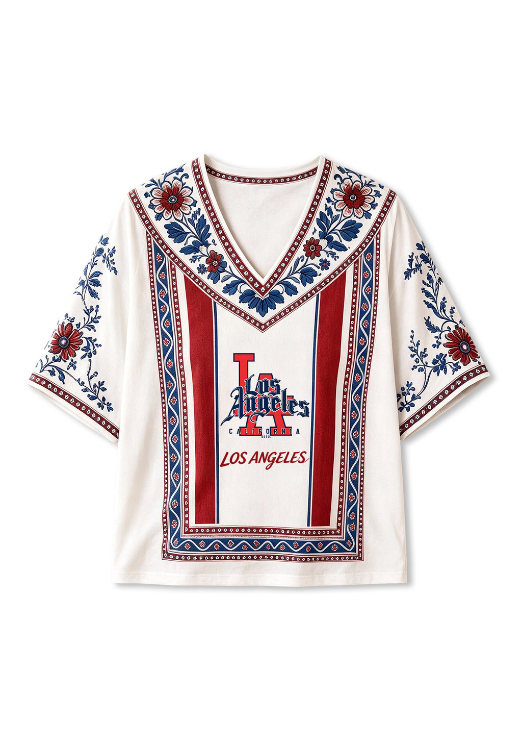 Los Angeles Dodgers LA Logo Boho Floral V-Neck Blouse