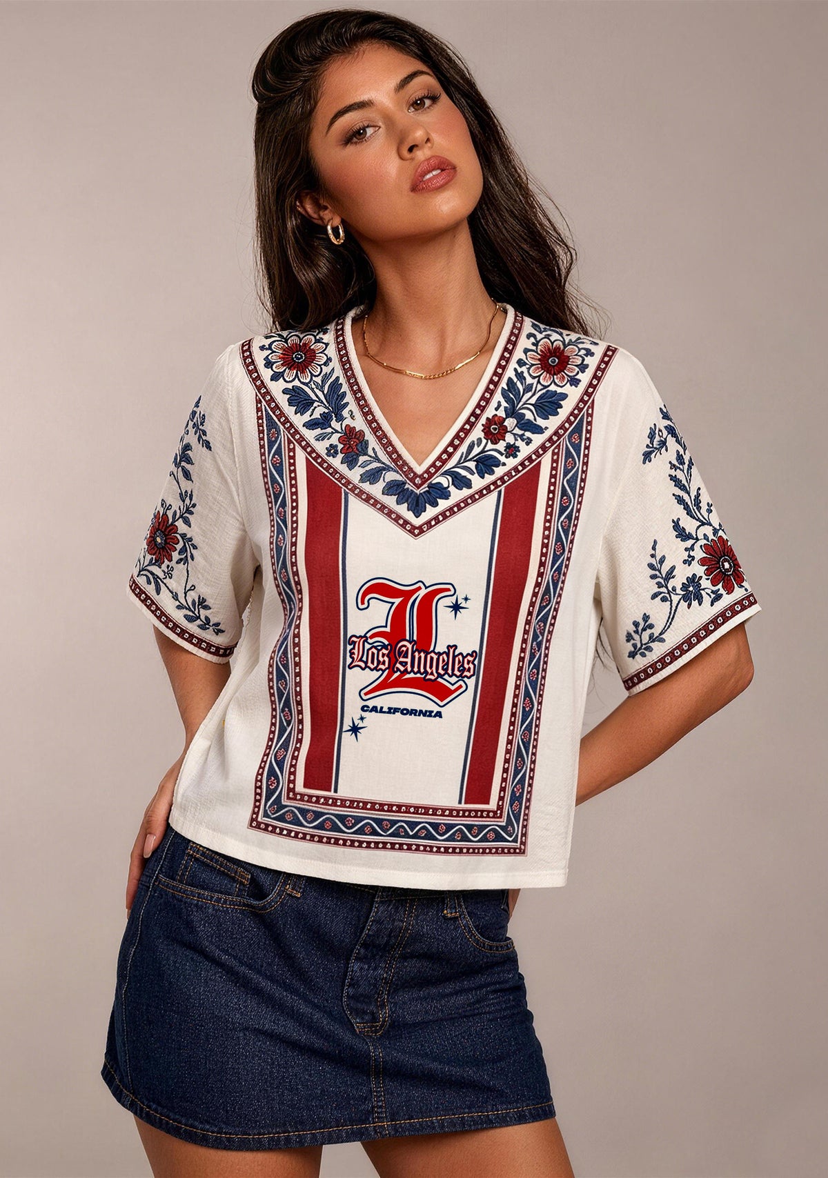 Los Angeles Dodgers Gothic L Letter Boho Floral V-Neck Blouse Main image