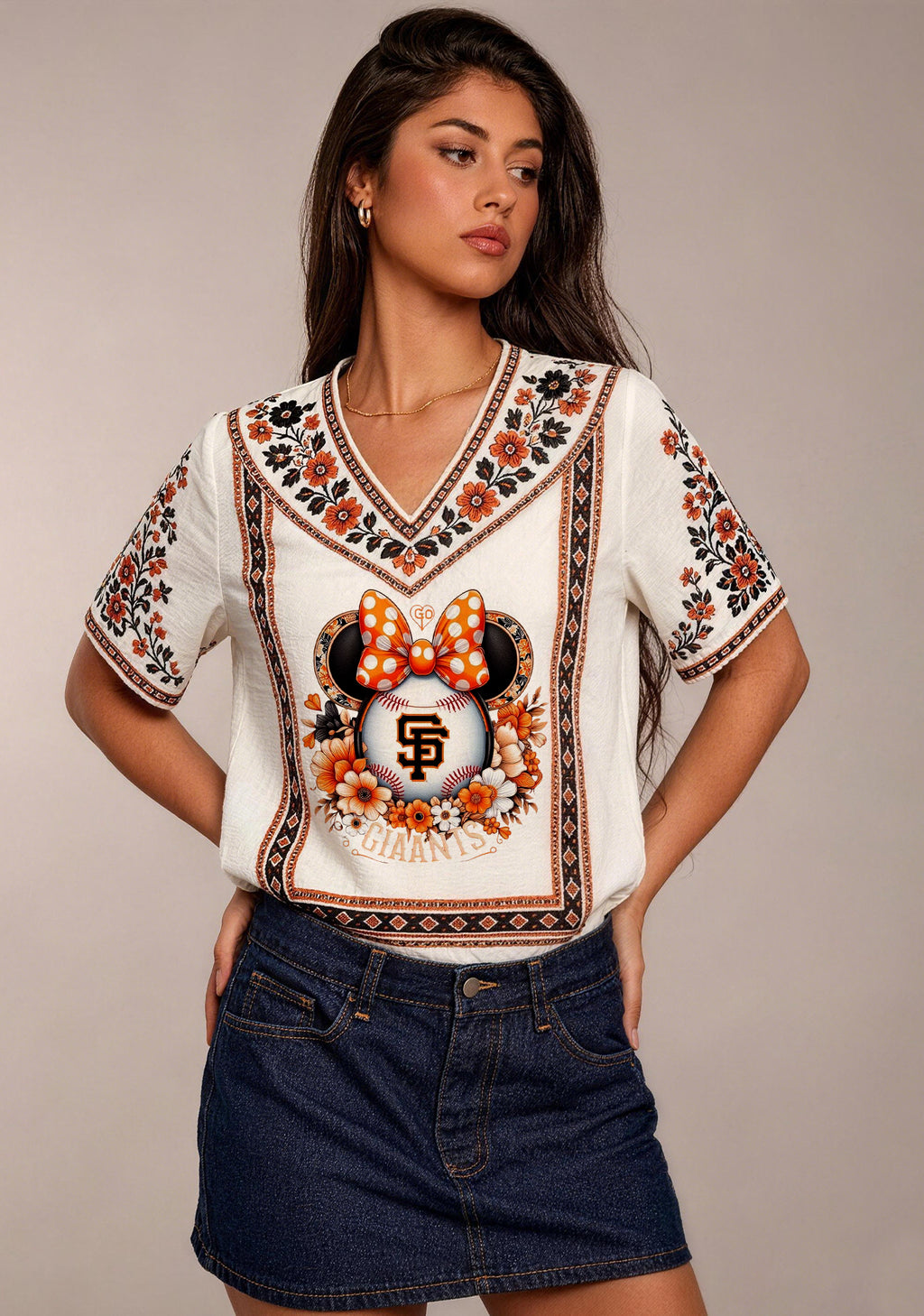 SF Giants Minnie Bow Boho Floral V-Neck Blouse