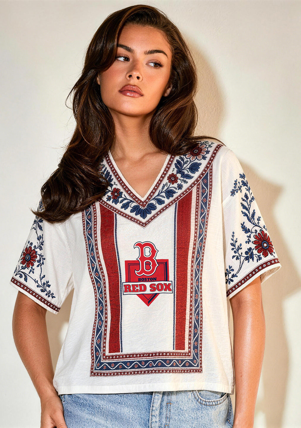 Boston Red Sox Classic Logo Boho Floral V-Neck Blouse