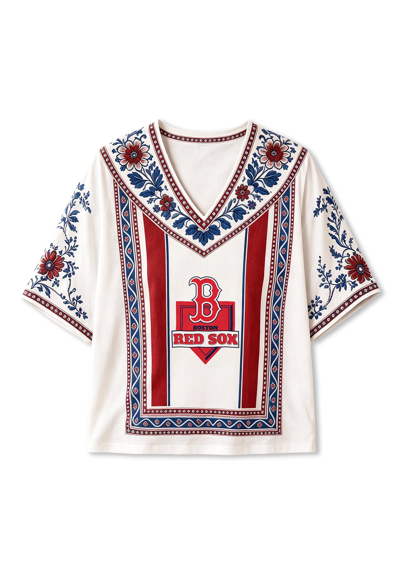 Boston Red Sox Classic Logo Boho Floral V-Neck Blouse Secondary image