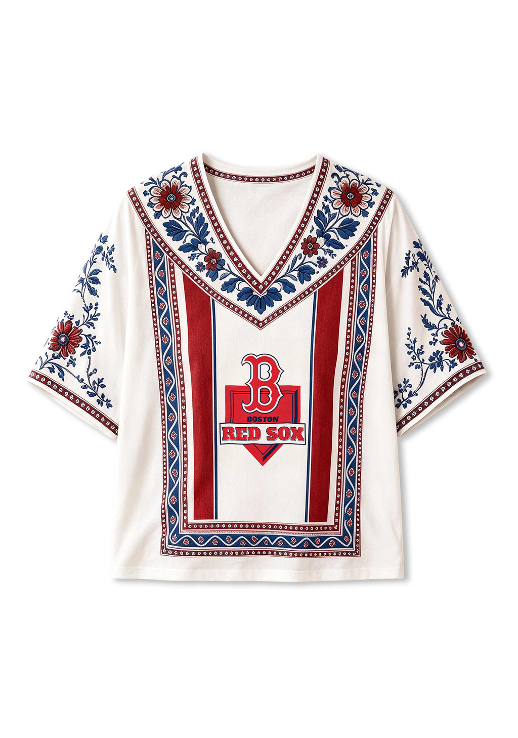 Boston Red Sox Classic Logo Boho Floral V-Neck Blouse