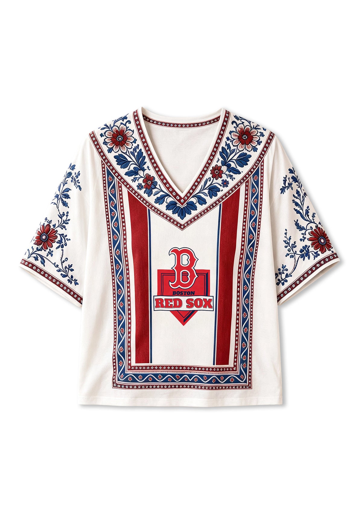 Boston Red Sox Classic Logo Boho Floral V-Neck Blouse