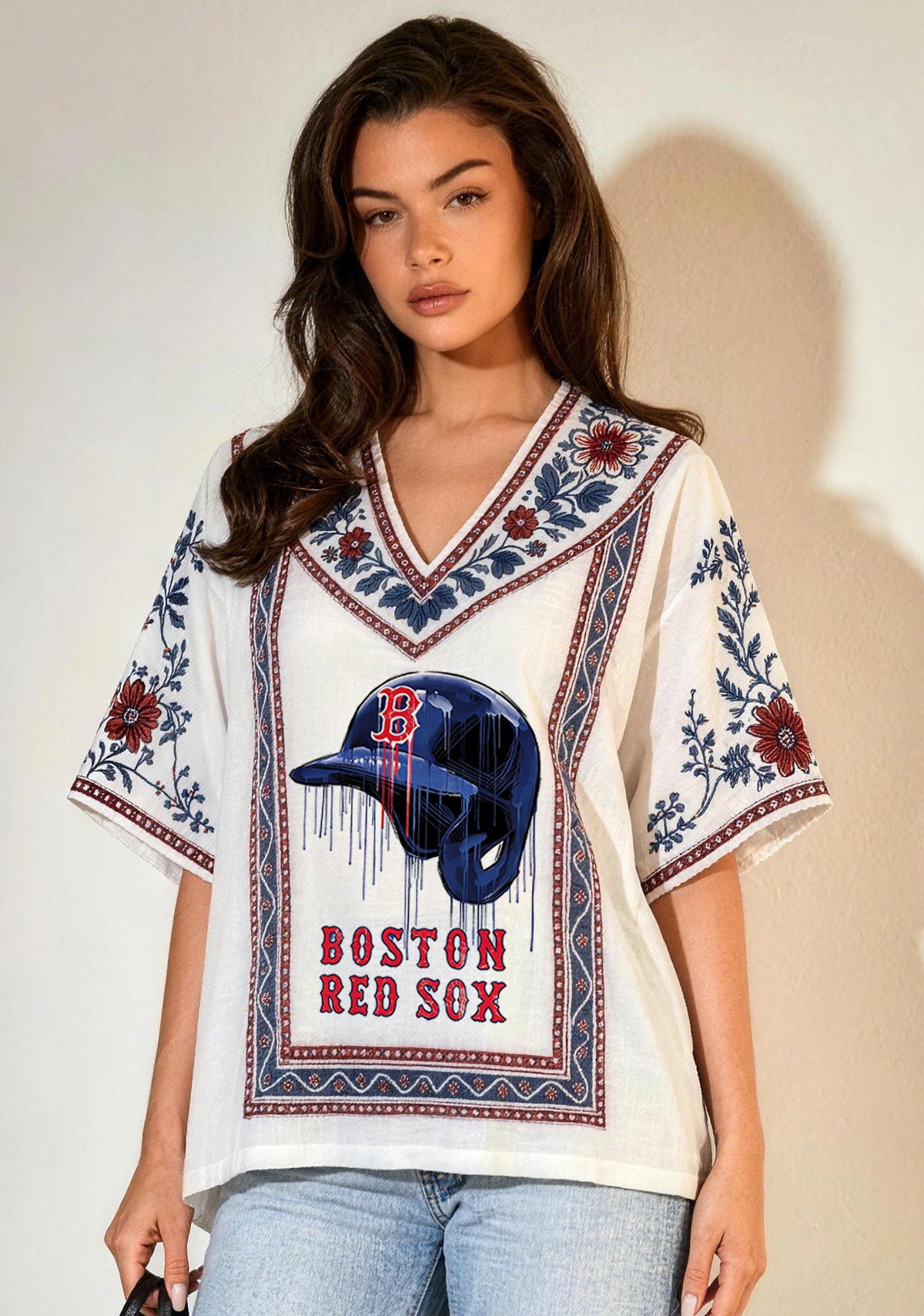 Boston Red Sox Drip Helmet Graphic Boho Floral V-Neck Blouse
