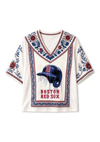 Boston Red Sox Drip Helmet Graphic Boho Floral V-Neck Blouse
