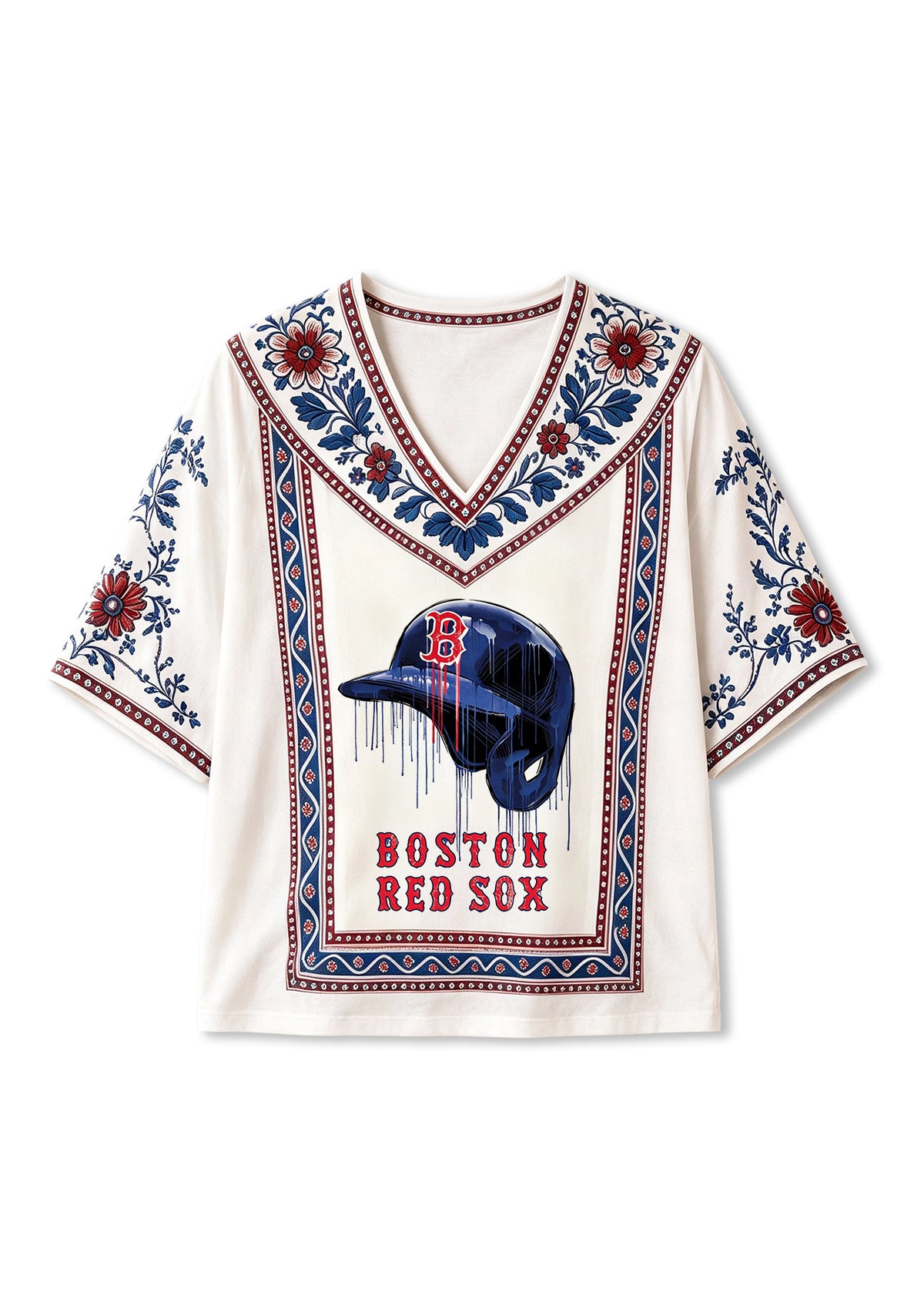 Boston Red Sox Drip Helmet Graphic Boho Floral V-Neck Blouse
