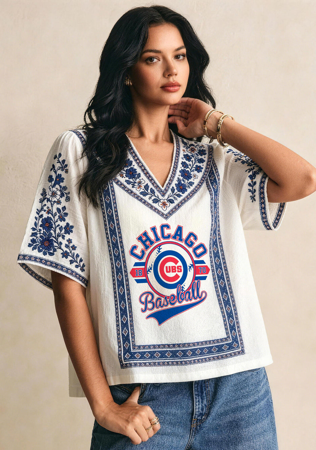 Chicago Cubs 1870 Baseball Graphic Boho Floral V-Neck Blouse