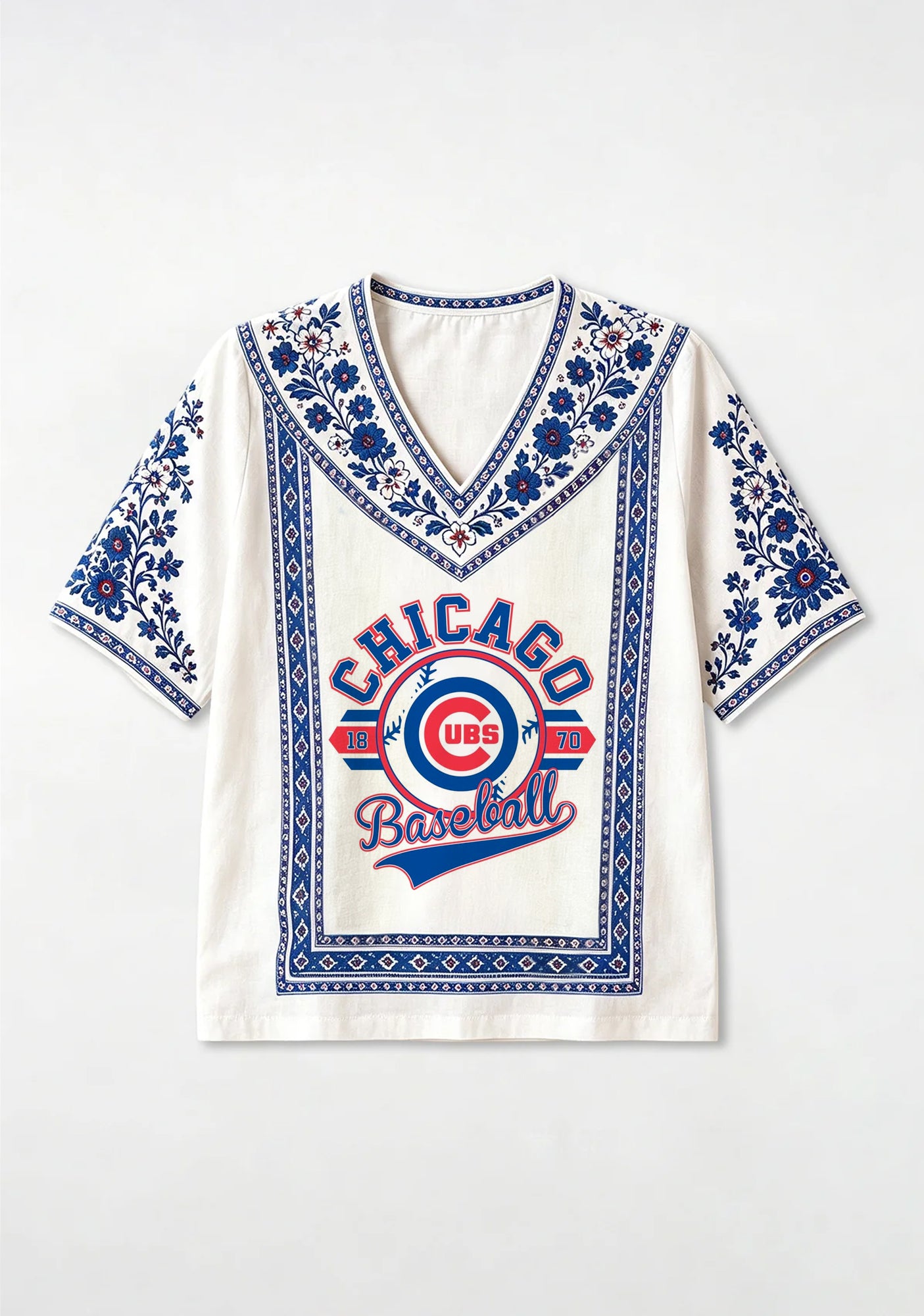 Chicago Cubs 1870 Baseball Graphic Boho Floral V-Neck Blouse Secondary image