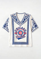 Chicago Cubs 1870 Baseball Graphic Boho Floral V-Neck Blouse