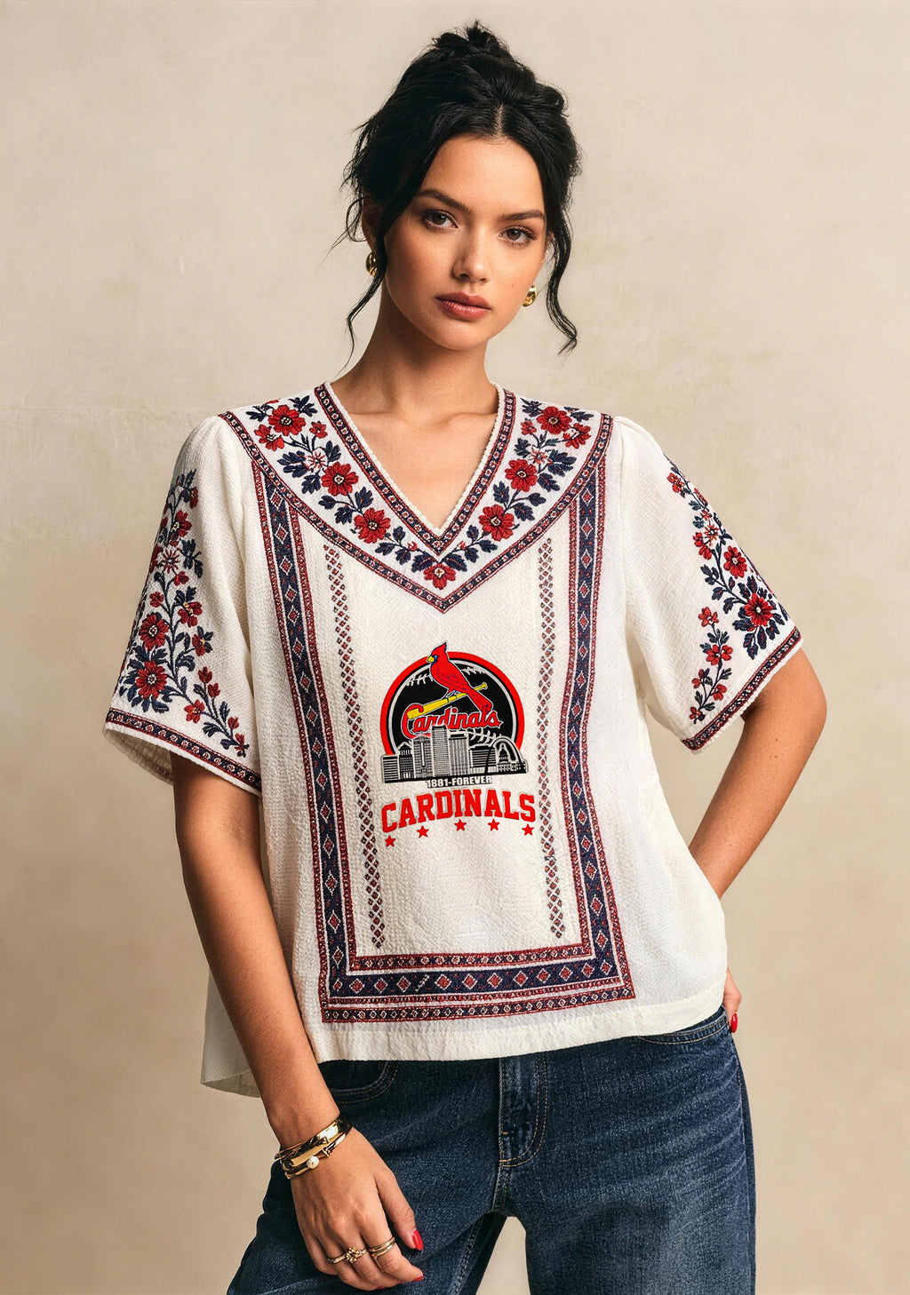 St. Louis Cardinals Boho Floral V-Neck Blouse