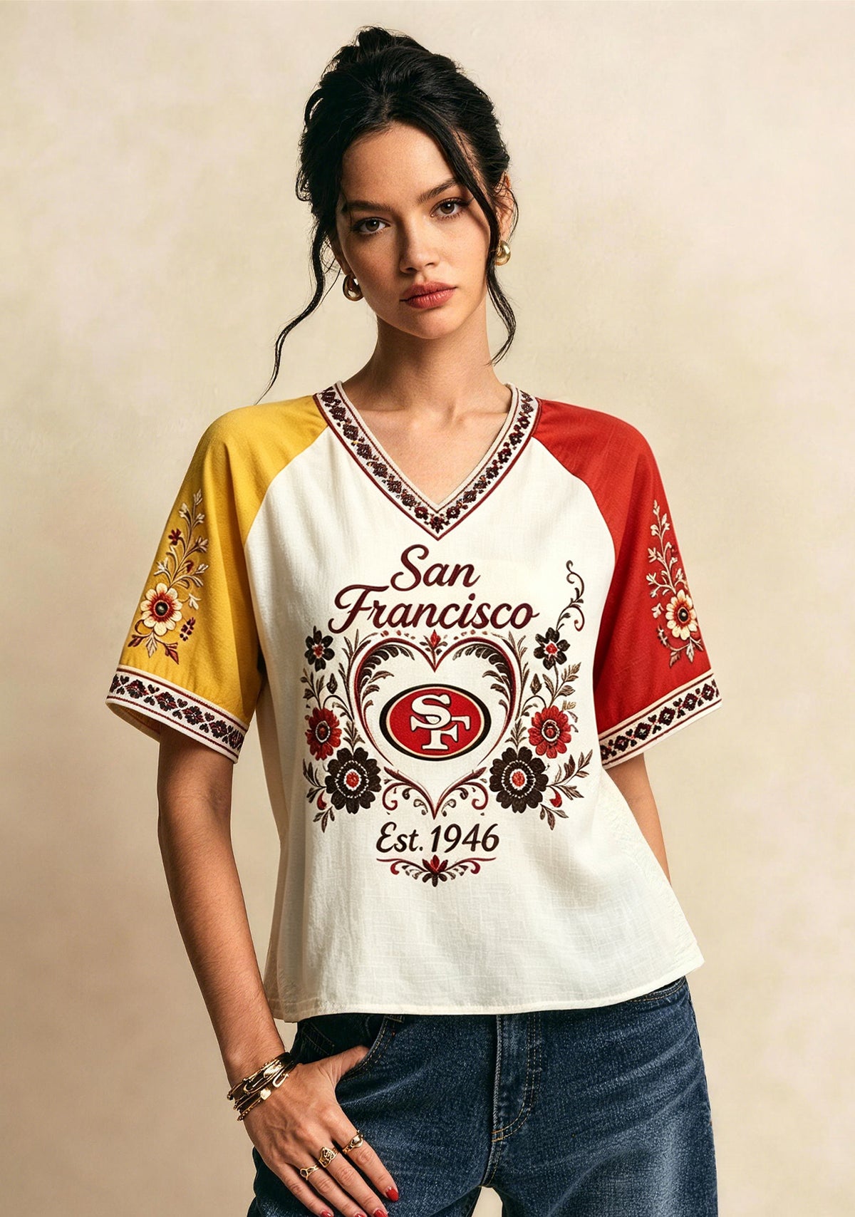 Boho Floral San Francisco 49ers V-Neck T Shirt Main image