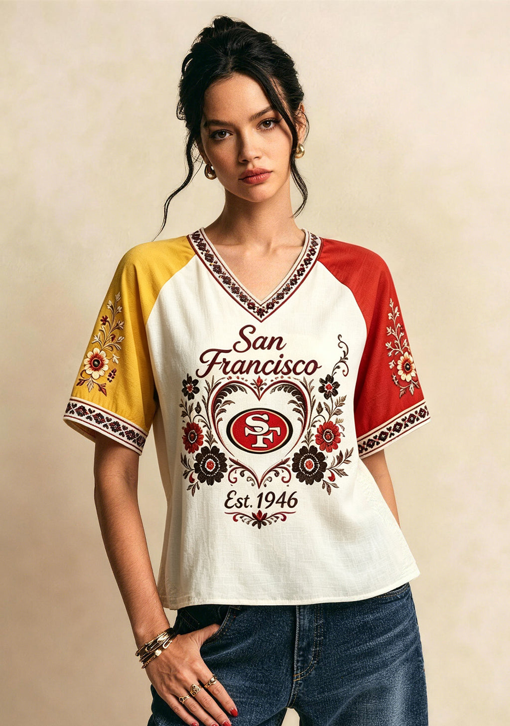Boho Floral San Francisco 49ers V-Neck T Shirt