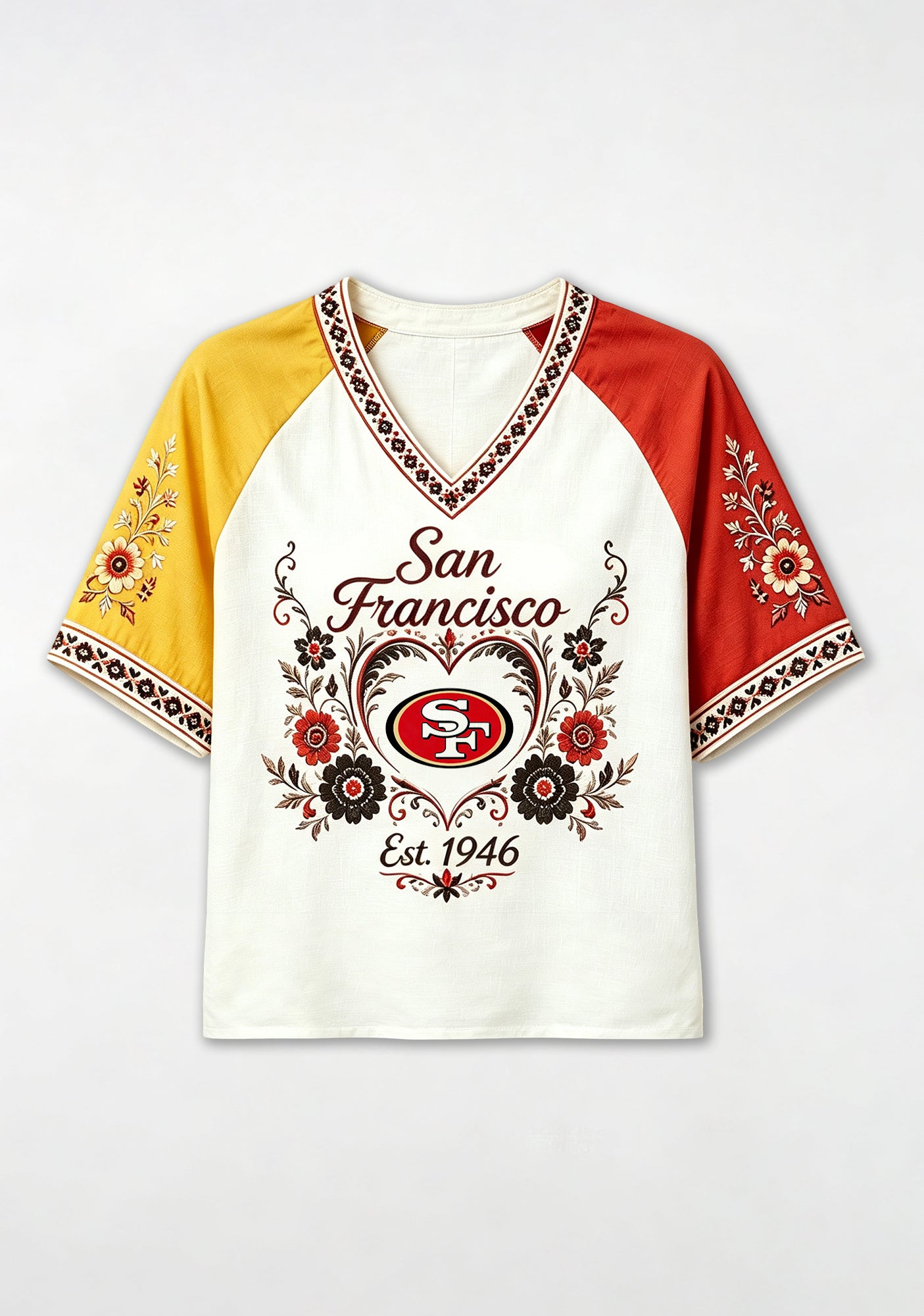Boho Floral San Francisco 49ers V-Neck T Shirt Secondary image