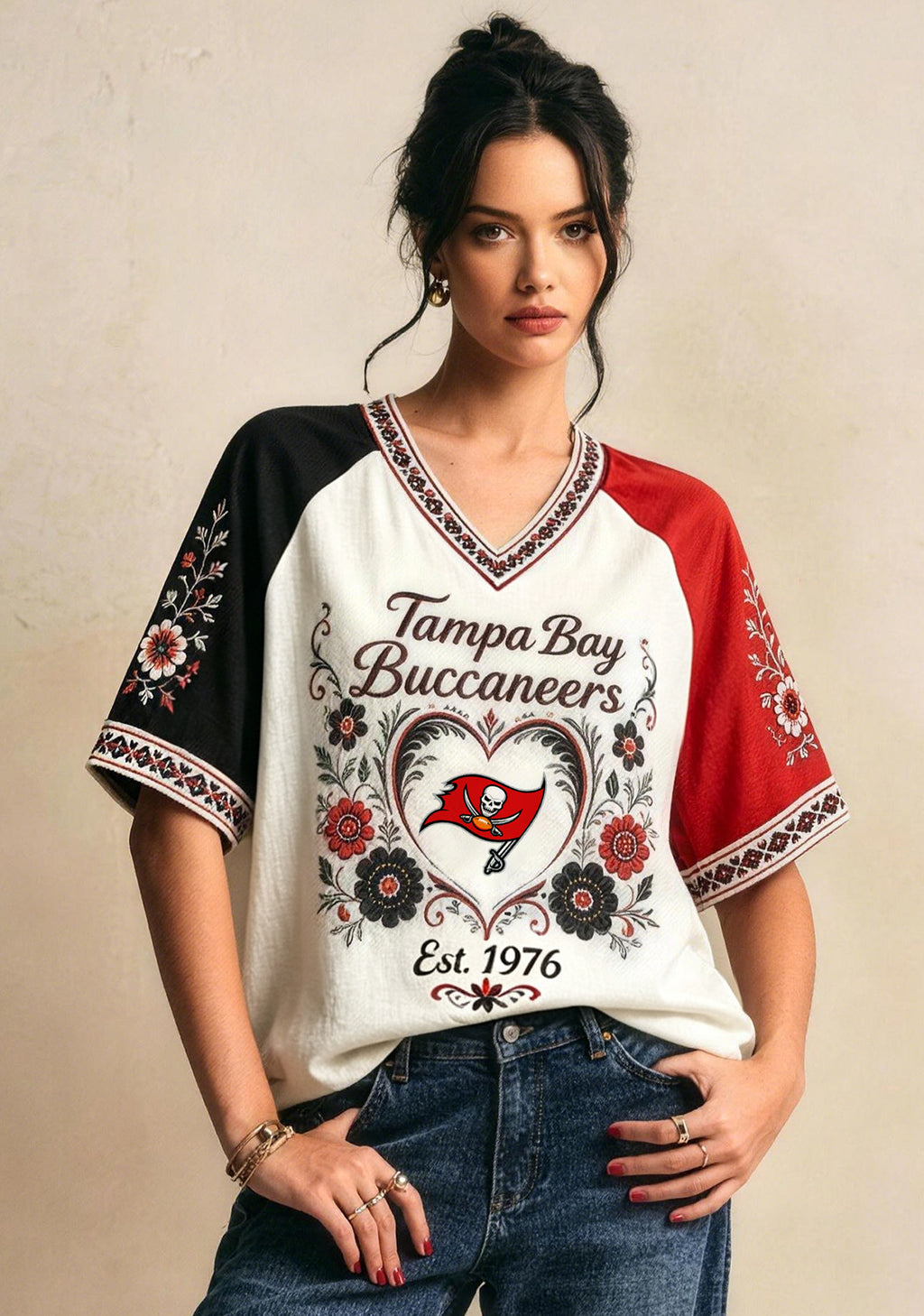 Boho Floral Tampa Bay Buccaneers Heart Pirate V-Neck T Shirt
